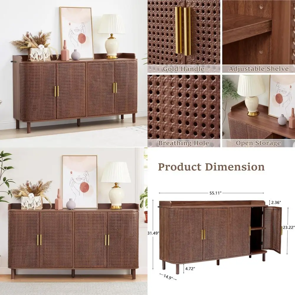 

4-Door Wooden Storage Cabinet with 2 Adjustable Shelves and Iron Curved Sides