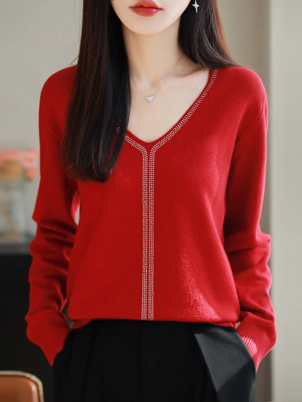 Women's Long Sleeve Knitted Sweater V-Neck Overhead Drill Fashionable Inner Wear Base Top Heavy Industry New Arrival 2026