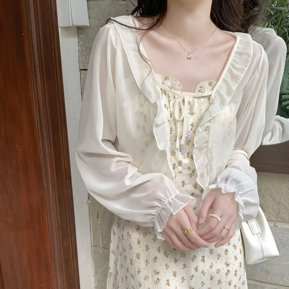 Retro Long Sleeves Scarves Poncho Ruffle Chiffon Summer Sunscreen Shawl Korean Style Shawl Short Top Coat Lace Cardigan