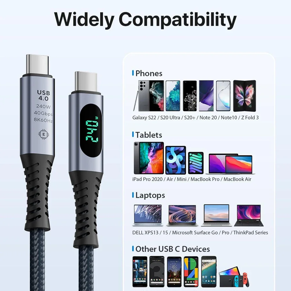 USB 4 Cable with LED Display Supports 8K Video 40Gbps 240W USB C Charging Cable For lPhone 15 MacBook Monitor Docking Stations