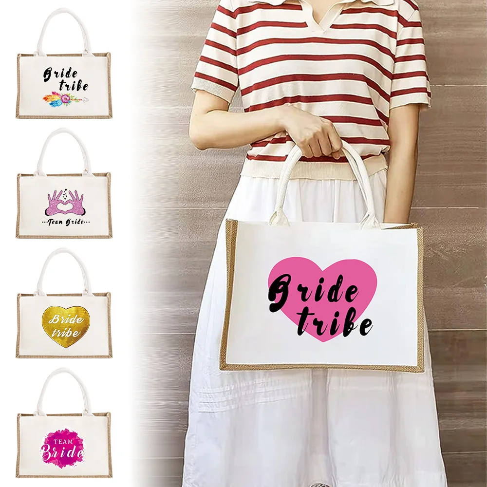 Bride Print Burlap Tote Bags Personalized Bridal Party Girls Trip Gifts Sundries Storage Bag Canvas Jute Tote Shopper Bags
