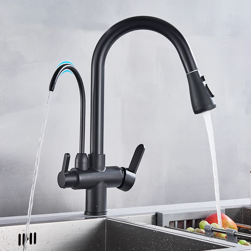 

Black Pure Water Kitchen Faucet Dual Handle Hot and Cold Drinking Water Pull Out Kitchen Mixer Taps