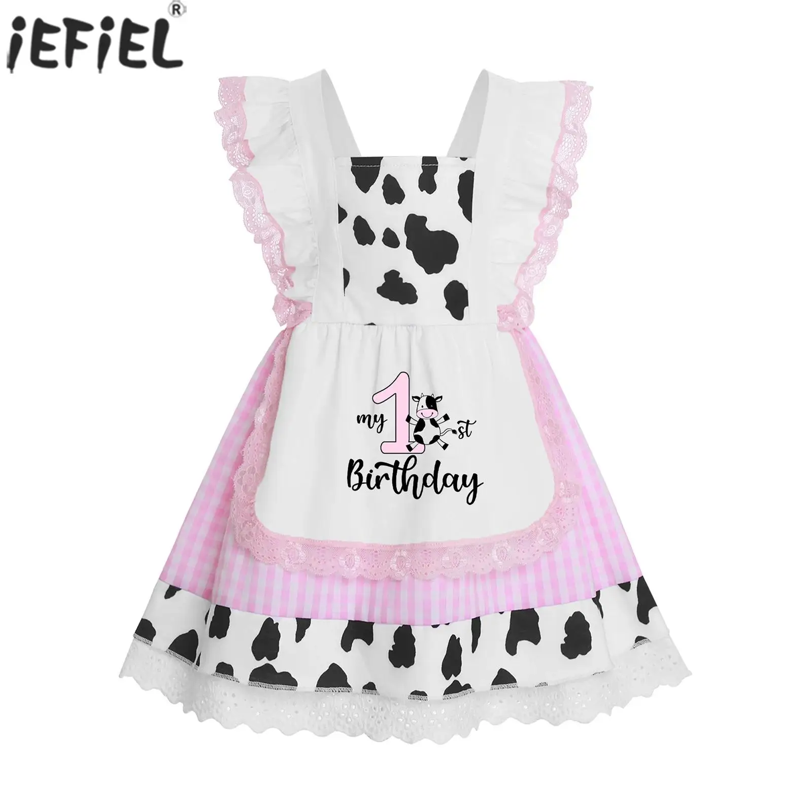 

Baby Girls 1st Birthday Outfits Farm Cow Print Dress Spaghetti Strap Lace Plaid Dresses Infant Cake Smash Photo Shoot Clothes