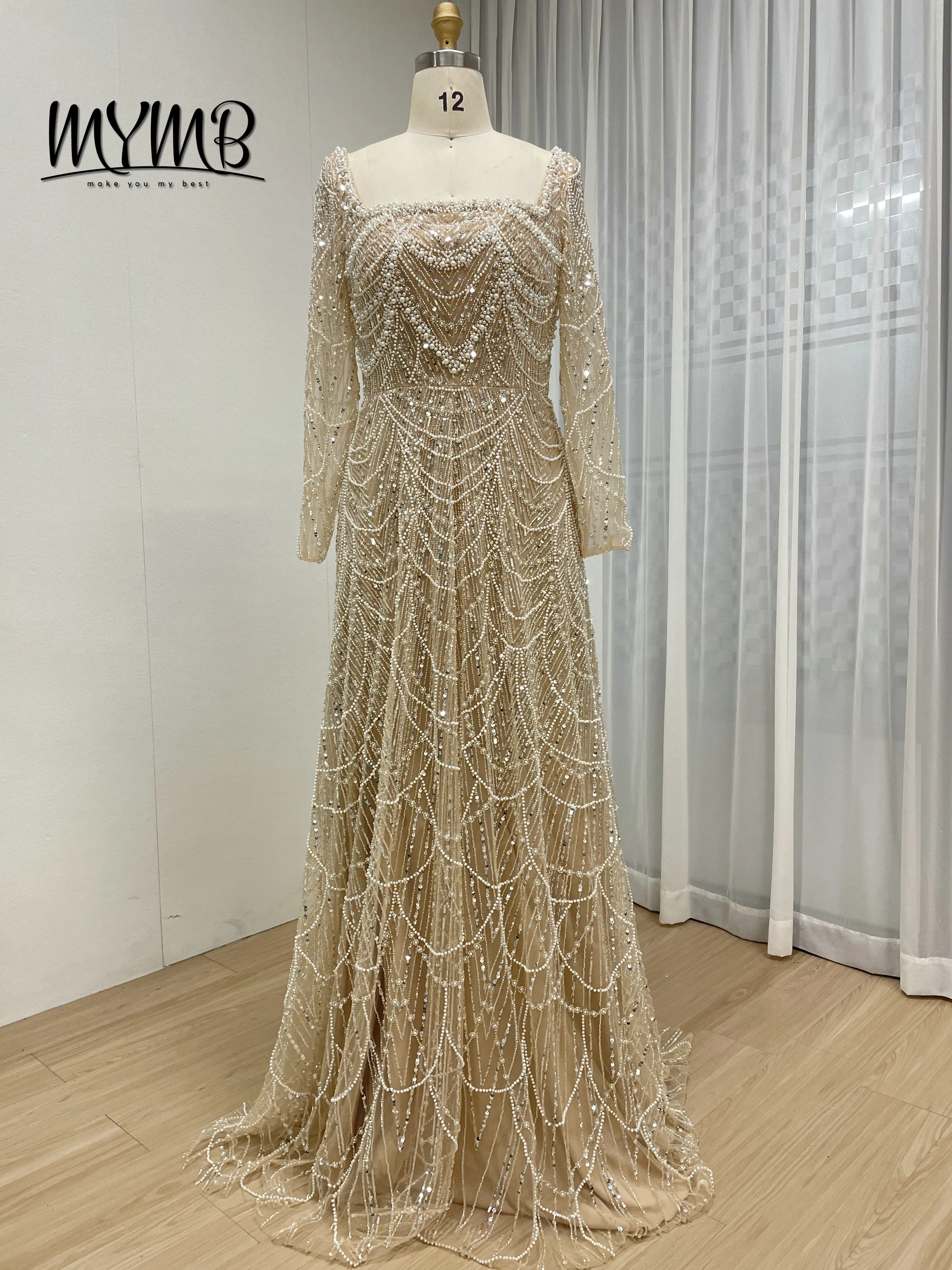 

MYMB Элегантные вечерние платья цвета шампанского с длинными рукавами Формальные мусульманские трапециевидные платья с жемчугом и бисером для женщин MY30081L-2B