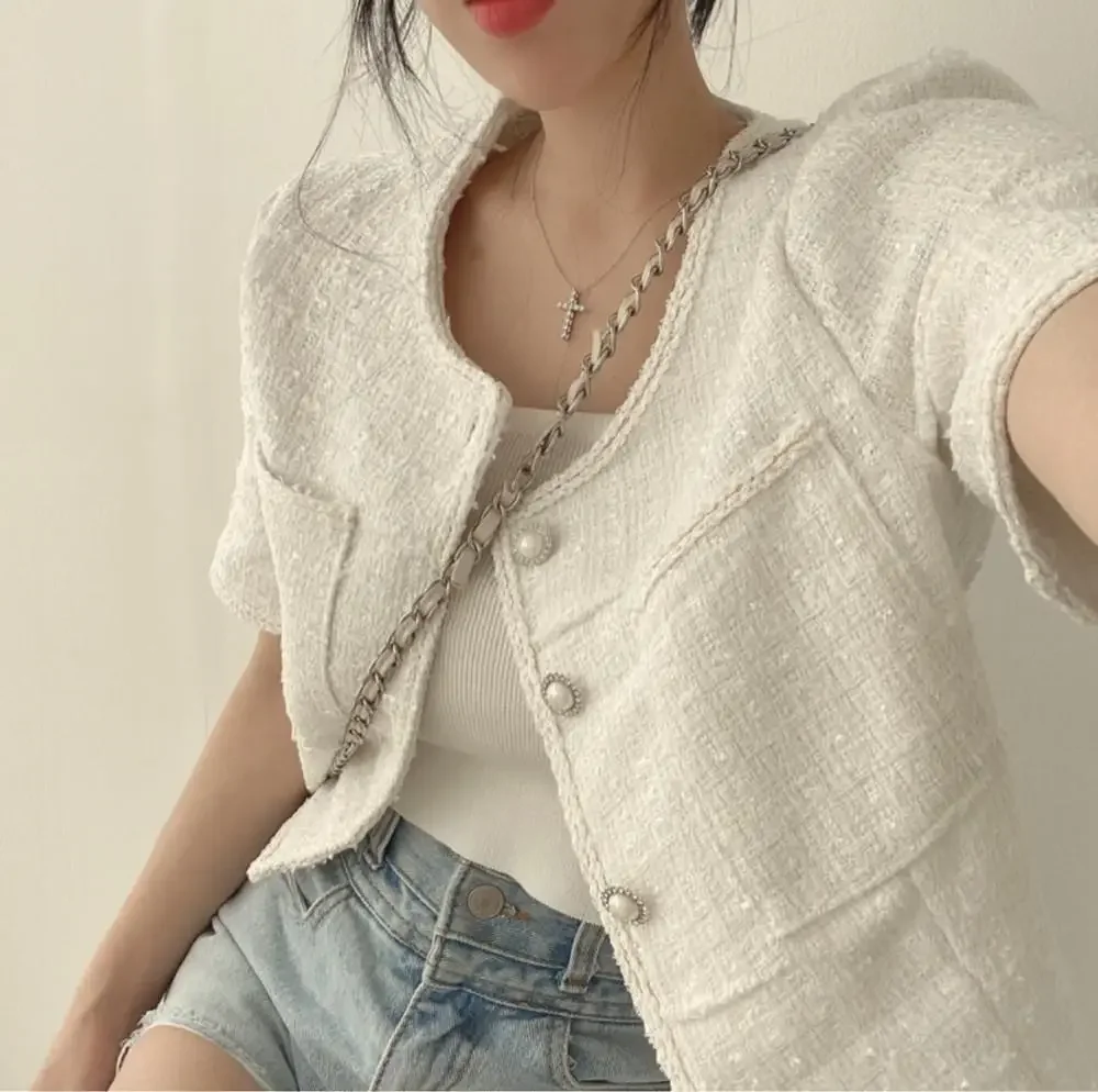 

Chic Korean Style Women's Cardigan Jacket French Nichetweed Pearl Button Round Neck Coarse Tweed Short Sleeves Spring Summer