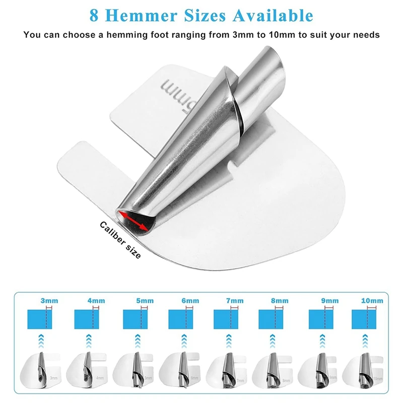 AC88-Sewing Rolled Hemmer Foot And Magnetic Seam Guide, 3/4/5/6/7/8/9/10Mm 8 Sizes Wide Rolled Hem Presser Foot