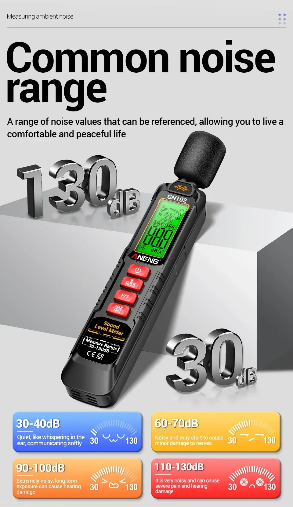 ANENG GN102 Tragbarer Schallpegelmesser 30-130dB A-gewichteter Dezibel-Tester Hintergrundbeleuchteter Bildschirm Datenspeicherung Max/Min Automatische Abschaltung – Detail 3