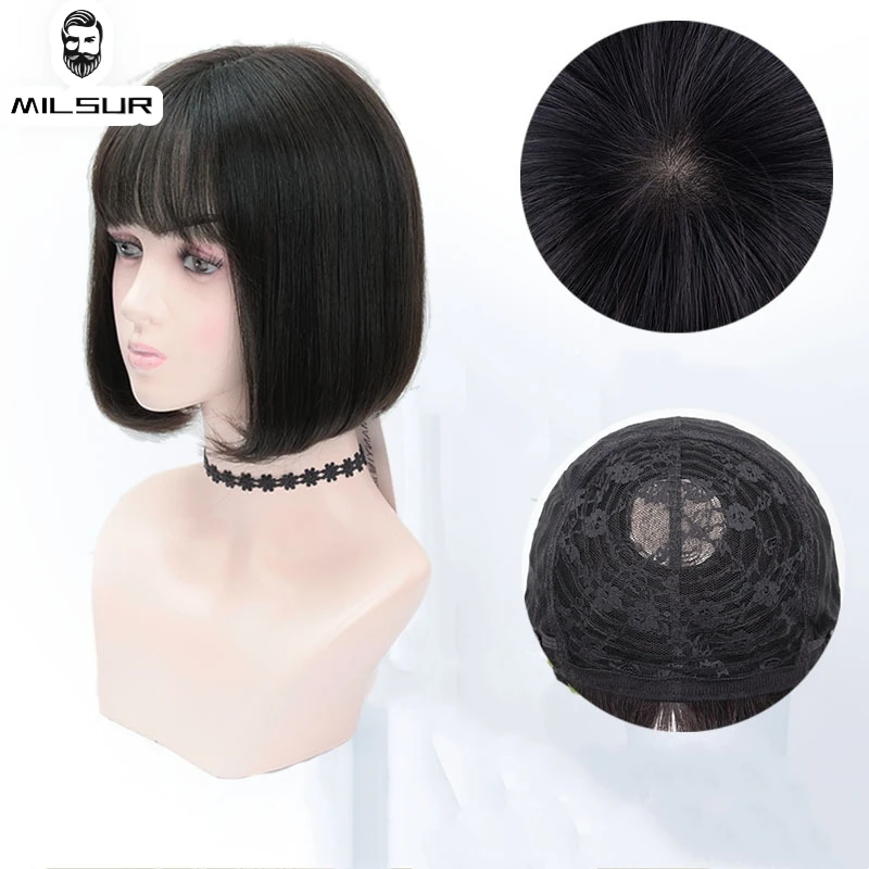 

Remy Straight Hair Bob Wigs Women Human Hair Wig with Bangs Natural Short Bob Hairpieces Realistic Scalp Wigs For Women Brown