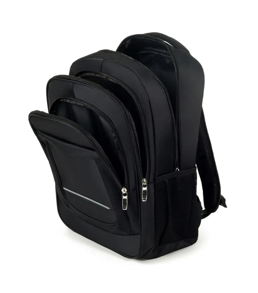 Off white minimalist backpack with two oblique trim lines vertical side metal zipper adjustable side buckles lightweight