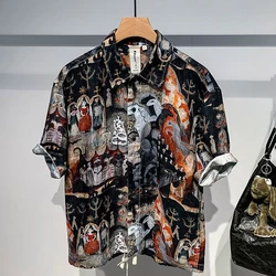 Camisa japonesa retrô estampada masculina, blusa casual solta de manga curta, design de alta qualidade, camisa Y2K da moda, moda verão, 2024