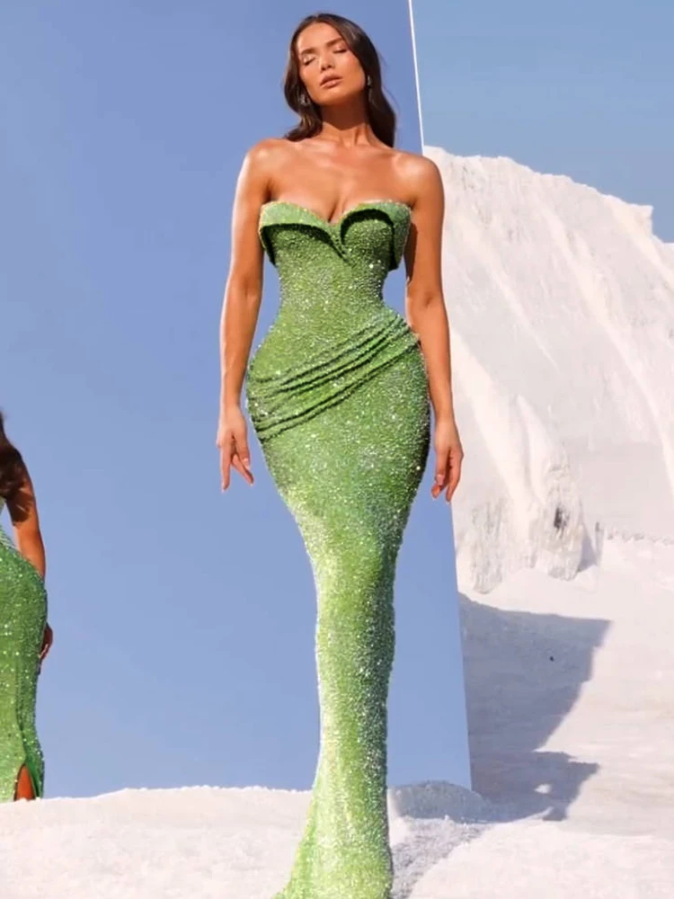 

2026 Green Strapless Sweetheart Full Sequin Mermaid Maxi Dress Waist Side Ruched Bodycon Floor Length Evening Gown for Gala