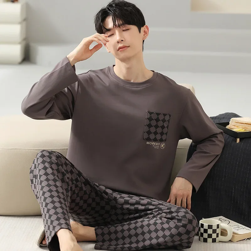 Hochwertige Pyjamas aus reiner Baumwolle Anzug Männer Herbst Winter Langarm koreanische Version Nachtwäsche männliche Cartoon lose Lounge wear Gent