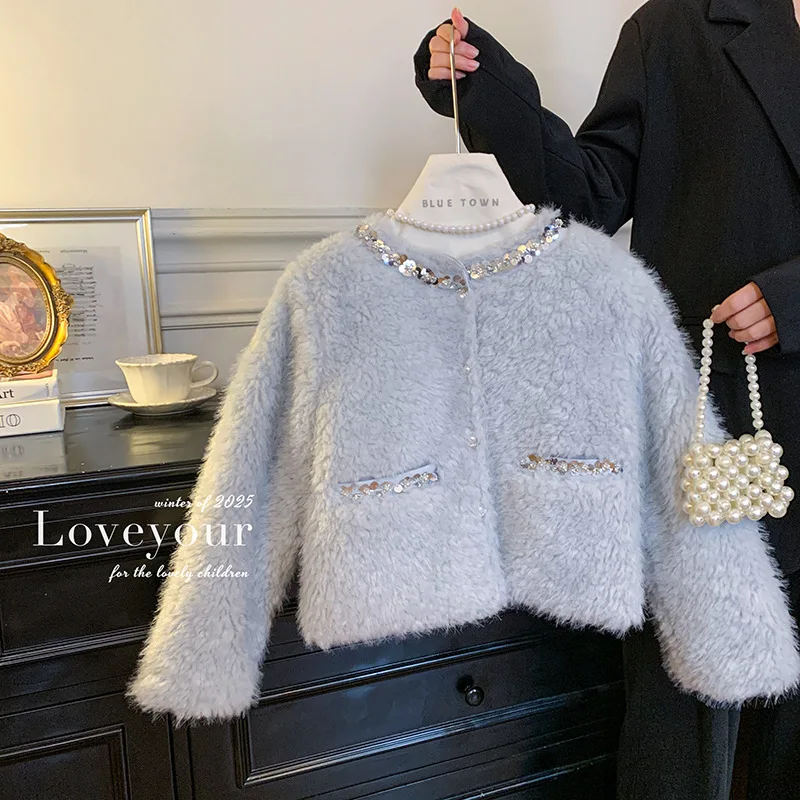 Girls' Autumn and Winter New Stylish Quilted Furry Pearl Sequin Long Sleeve Jacket
