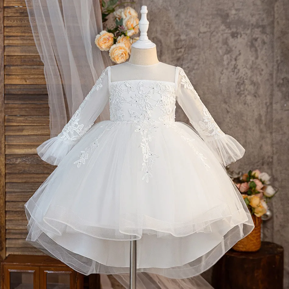 

Children White Lace Tulle Dresses Evening Party Kids Sleeveless Ball Gowns 1st Birthday Baby Girl Princess Ceremonial Dress