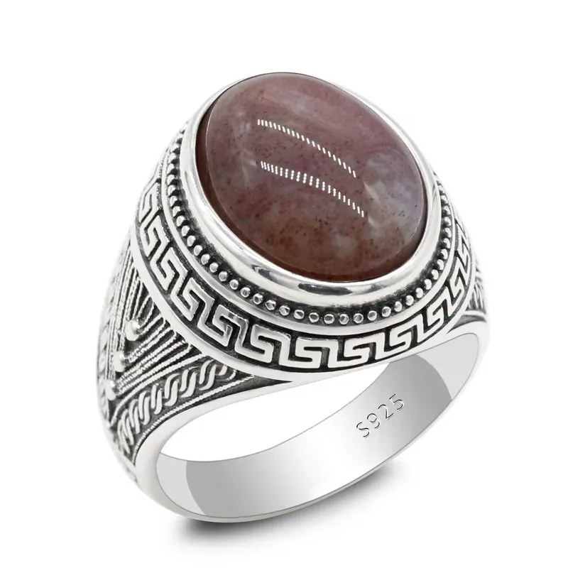 Türkiye S925 فضة الرجال خاتم العقيق الهندي الطبيعي حجر خمر مجوهرات بسيطة المرأة خاتم فاخر هدية للذكرى السنوية