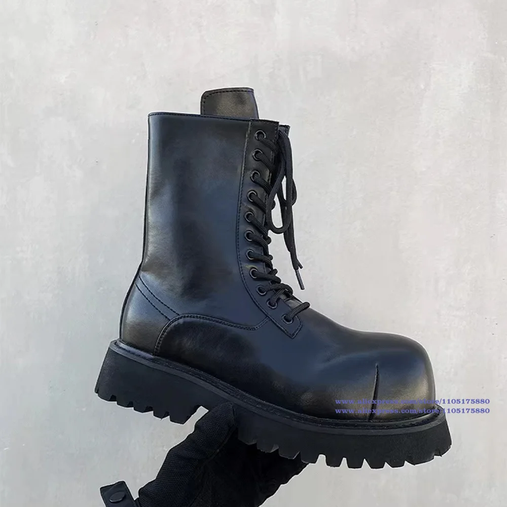 Black Leather Motorcycle Men's Boots Round Toe Thick-Soled Ankle Booties Trendy Designer Lace-Up Men's Boots Botas Mujer