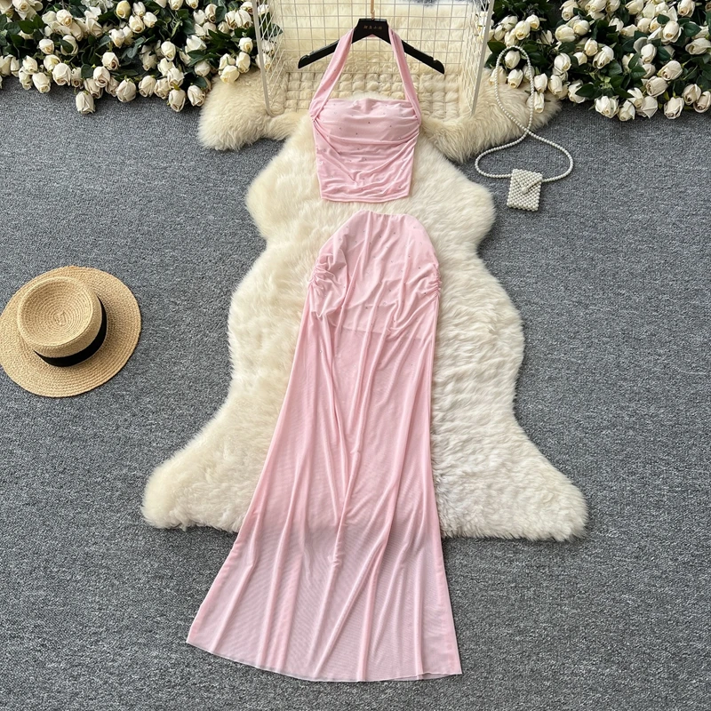 

Heavy Industry Hot Diamond Hanging Neck Strap Swing Neck Tank Top+High Waist Wrap Hip Mesh Half Skirt Two Piece Set
