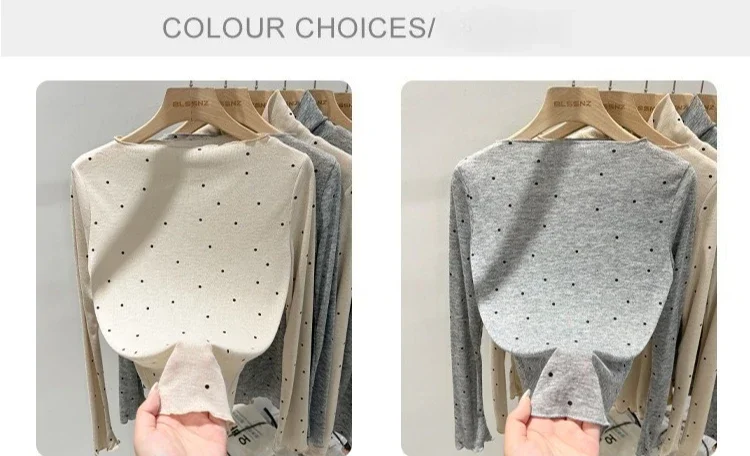 2026 Sommer Dünnes Schicht-Unterhemd Lässiges Allround-Oberteil Damen T-Shirt Aprikotfarben Gepunktet Ein-Schulter Langarm-Shirt – Detail 3