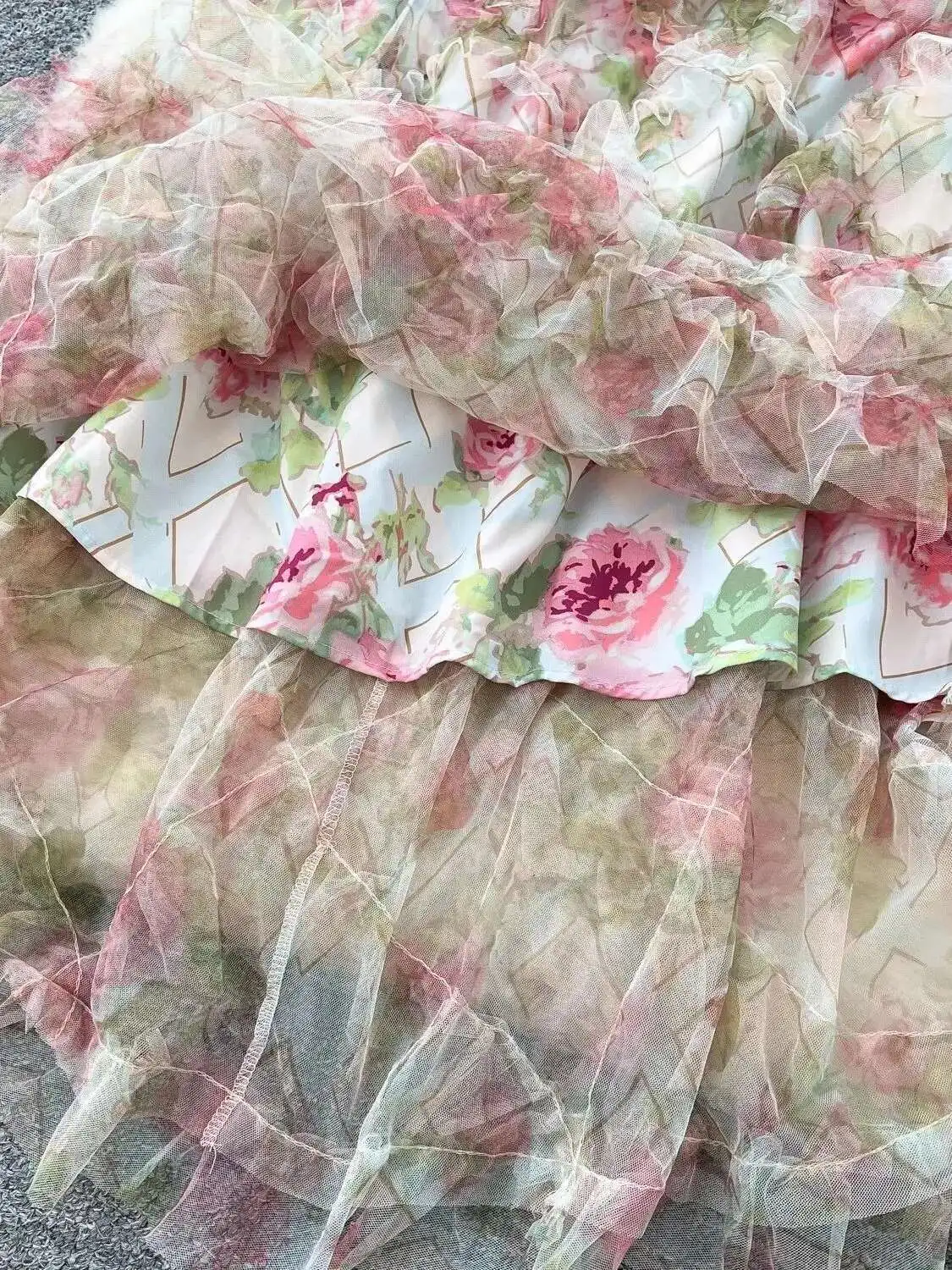 Outono camada plissado manga longa bolo vestido para mulheres elegante verão impressão flor tule festa noite maxi vestidos rosa