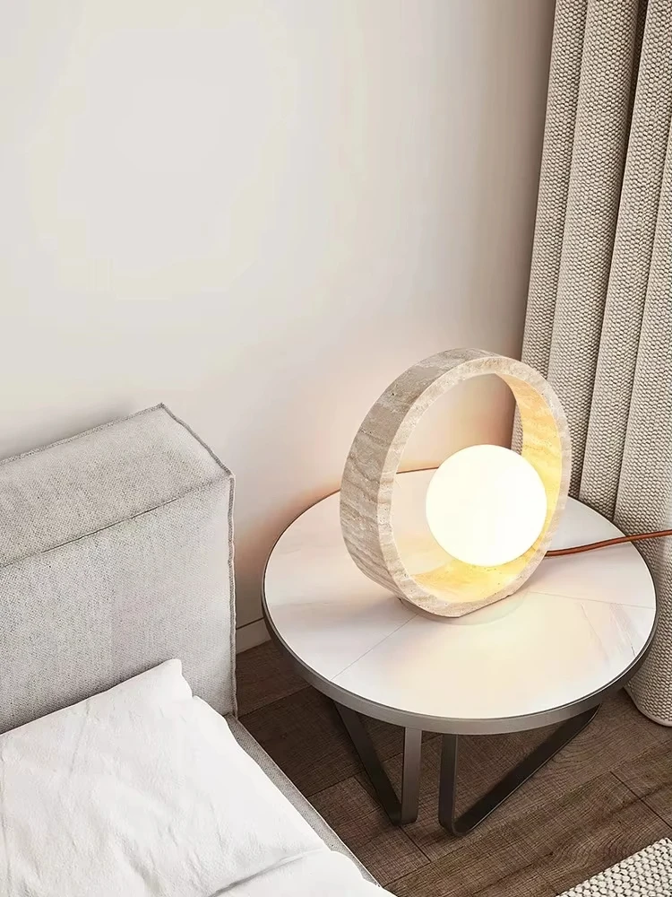Lampada da terra moderna semplice in travertino, lampada da tavolo circolare nordica in pietra gialla naturale, apparecchi di illuminazione per decorazioni per interni YX452SH