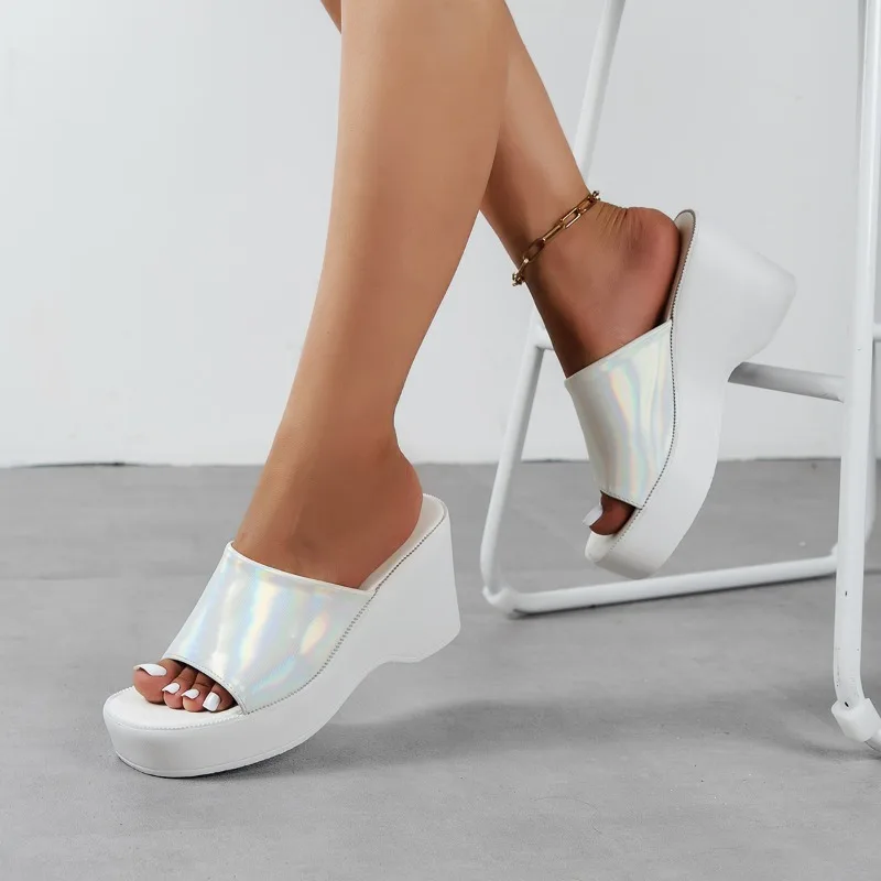 

2023 New Summer White Chunky Heeled Mules High Heels Leisure Trendy Platform Wedges Sandals Shoes for Women