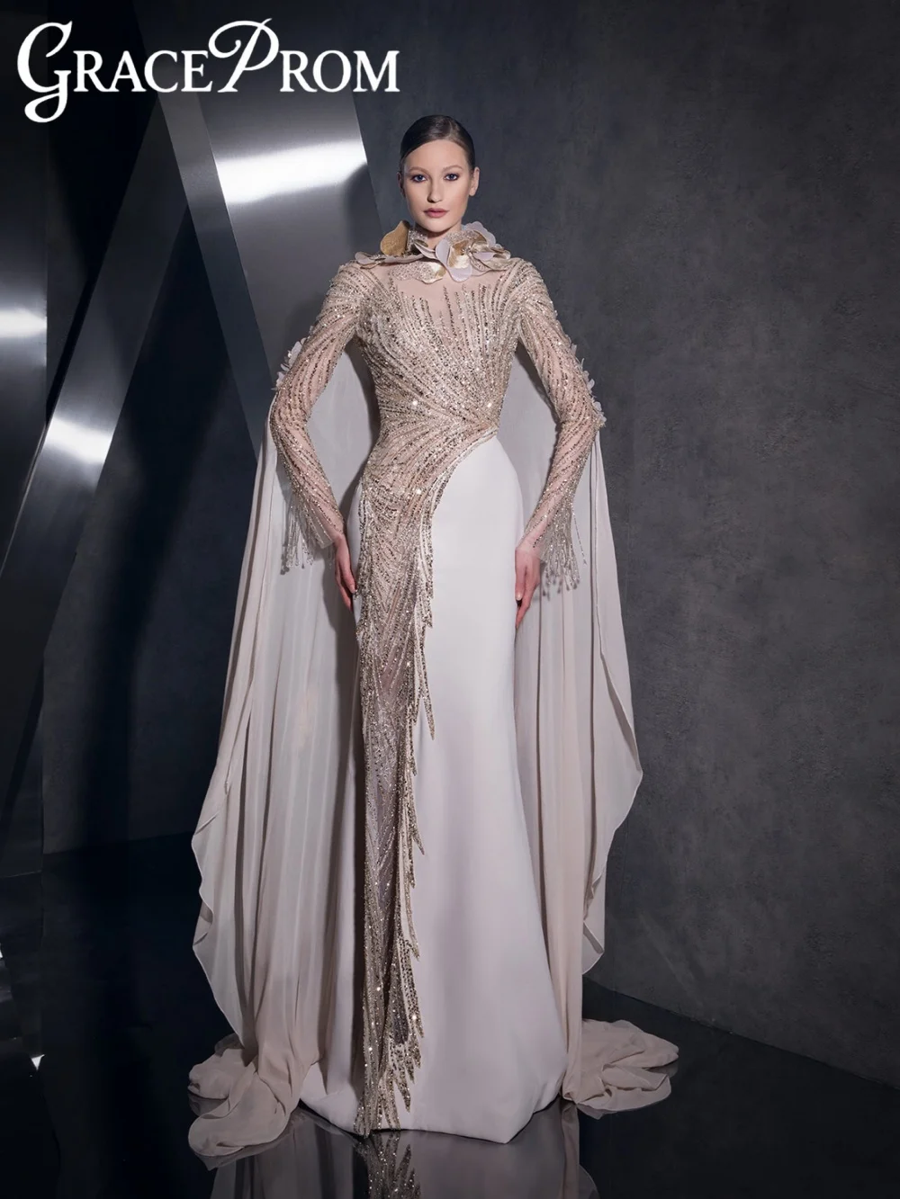 

Opulent Beaded 3D Flower Evening Dress With Cape Elegant Straight Long Sleeved Formal Party Gown 2026 Customized Banquet Gowns