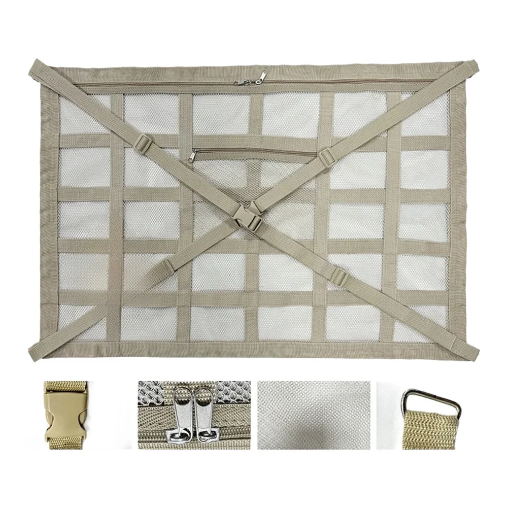 Adjustable Car Roof Storage Net 90x65cm Light Brown Fabric Cargo Mesh Bag With /Cross Straps For SUV Van Sedan Luggage Organizer