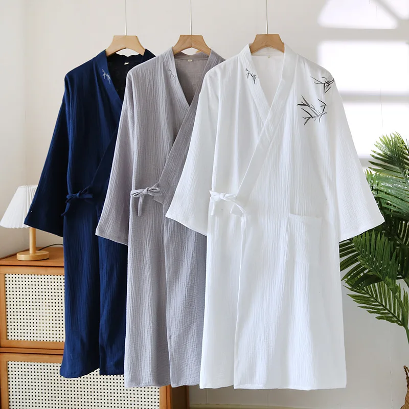 Men Japanese Kimono Nightgown Spring Autumn Pure Cotton Gauze Men's Embroidery Plus Size Summer Thin Antique Style Bathrobe