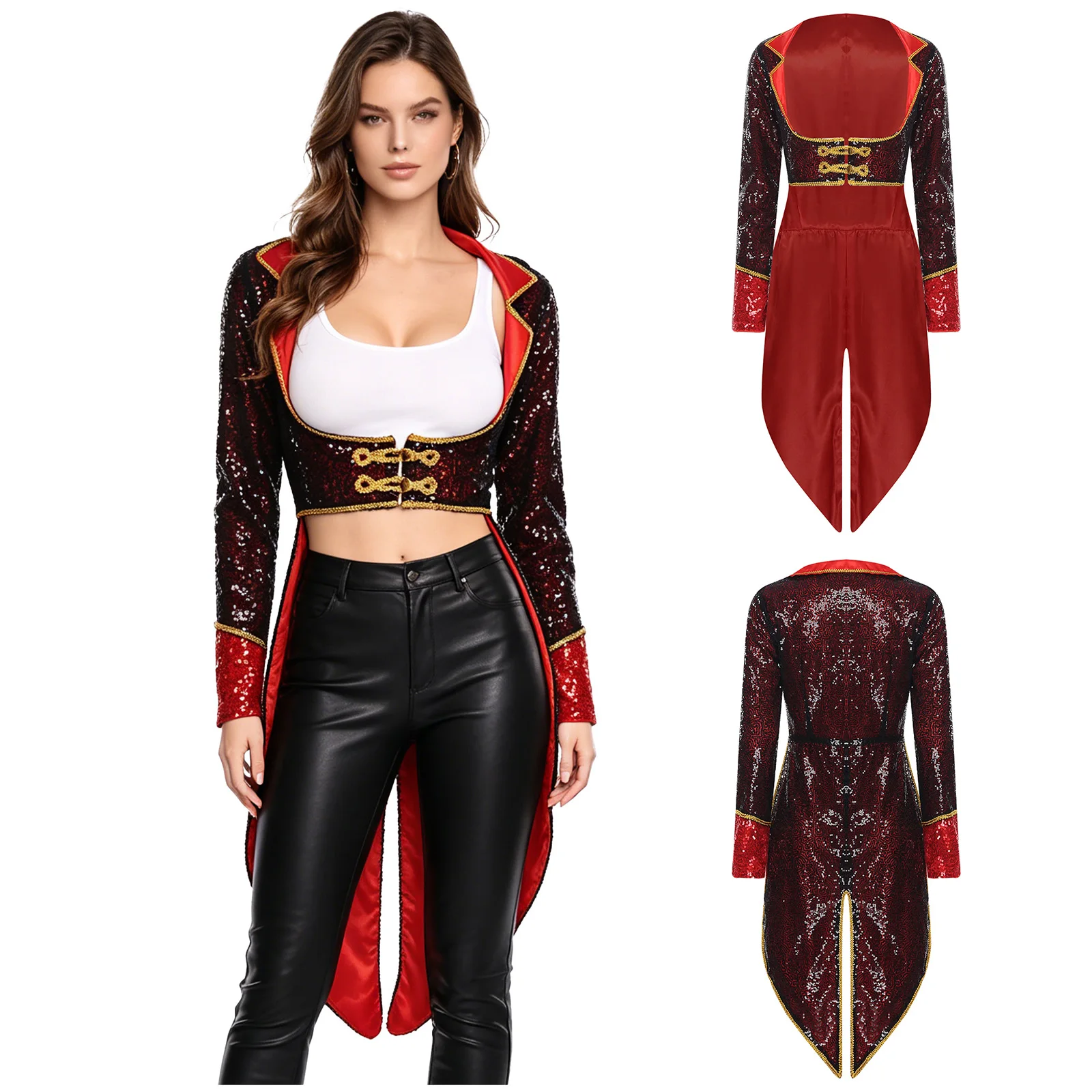 Womens Circus Ringmaster Tailcoat Halloween Cosplay Magician Show Sequin Tuxedo Outerwear Medieval Royal Princess Blazer Jacket