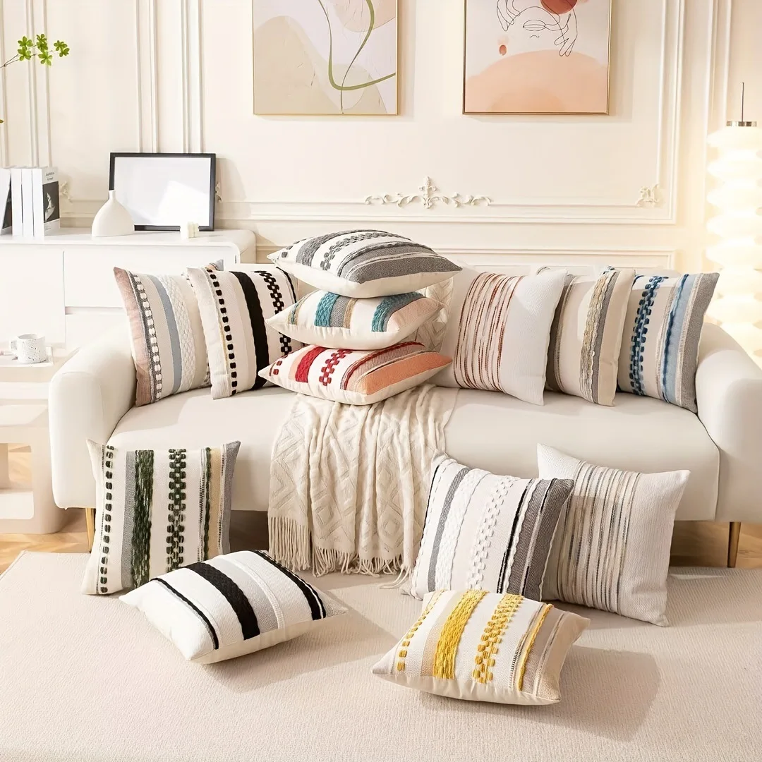 Boho Throw Pillow Covers 2pcs Farmhouse Decorative Striped Square Pillow Covers Chenille Tufted Pillow Cases Accent Neutral