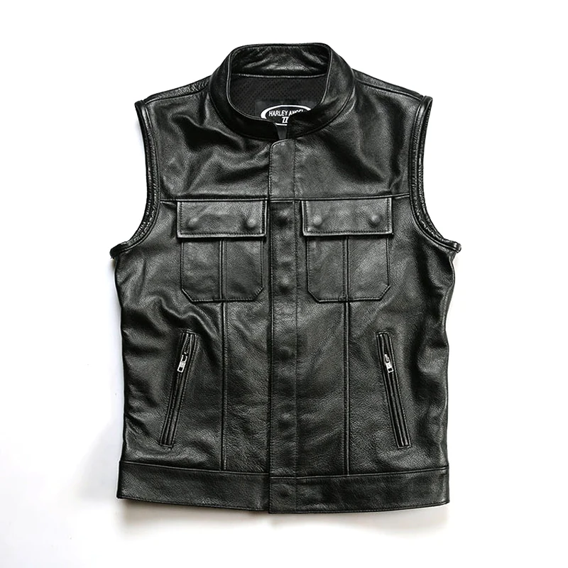 

Four Seasons Cheap Outdoor Plus Size 100% Real Leather Vest Catural Casual Sleeveless Black Men's Genuine Cowhide Jacket