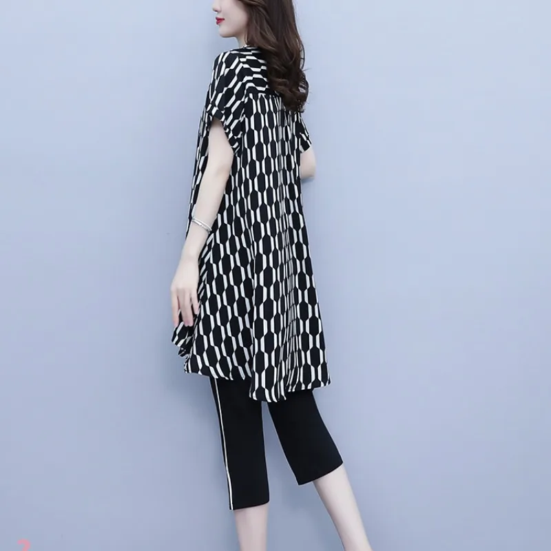 2024 Temperament Printed Half Open Collar Summer Women's Mid Length Short Sleeved Fashion Versatile Elegant Loose Chiffon Tops