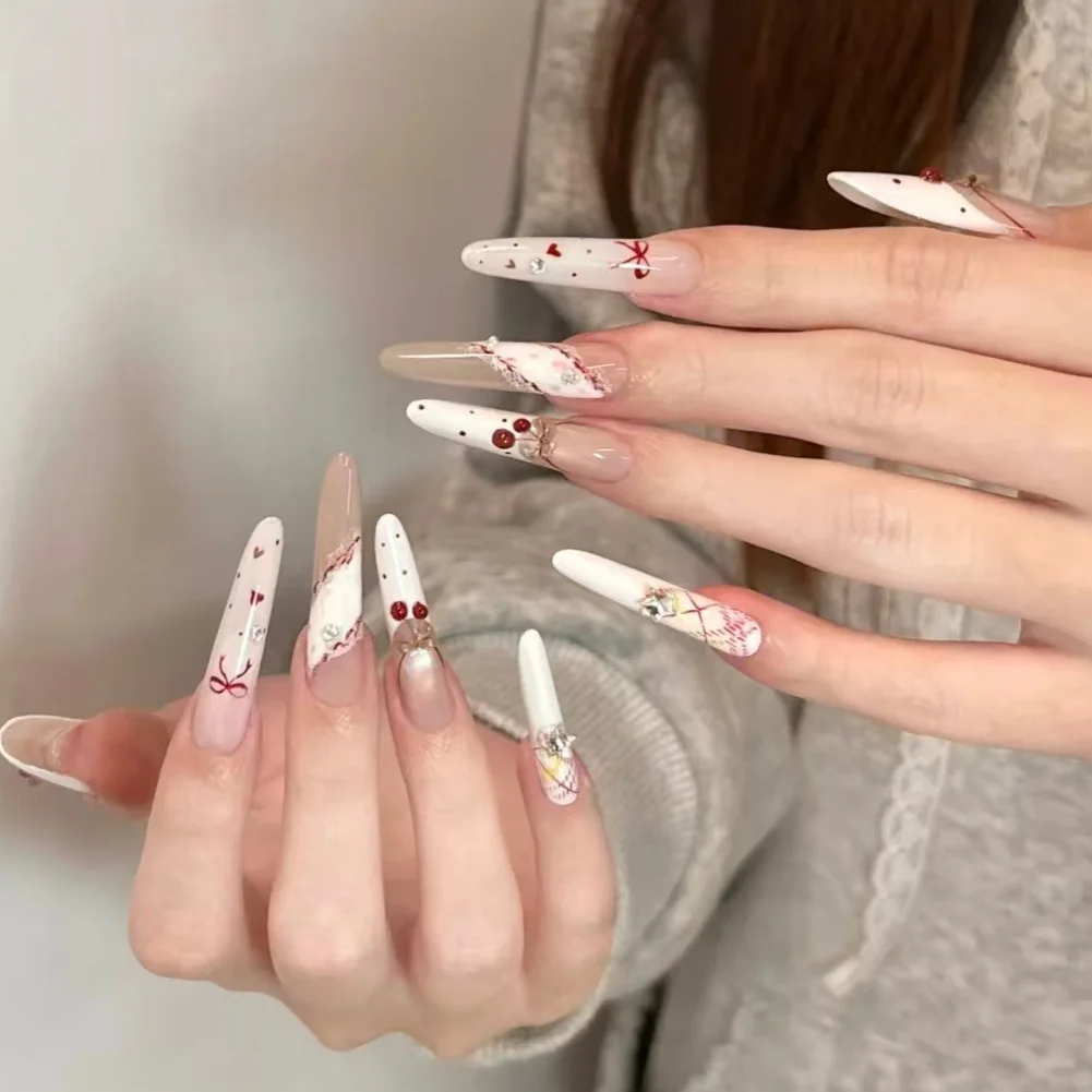 10 pçs feito à mão longo stiletto imprensa em unhas branco francês cereja bolinhas arco design doce bonito unhas falsas wearable unhas arte ponta