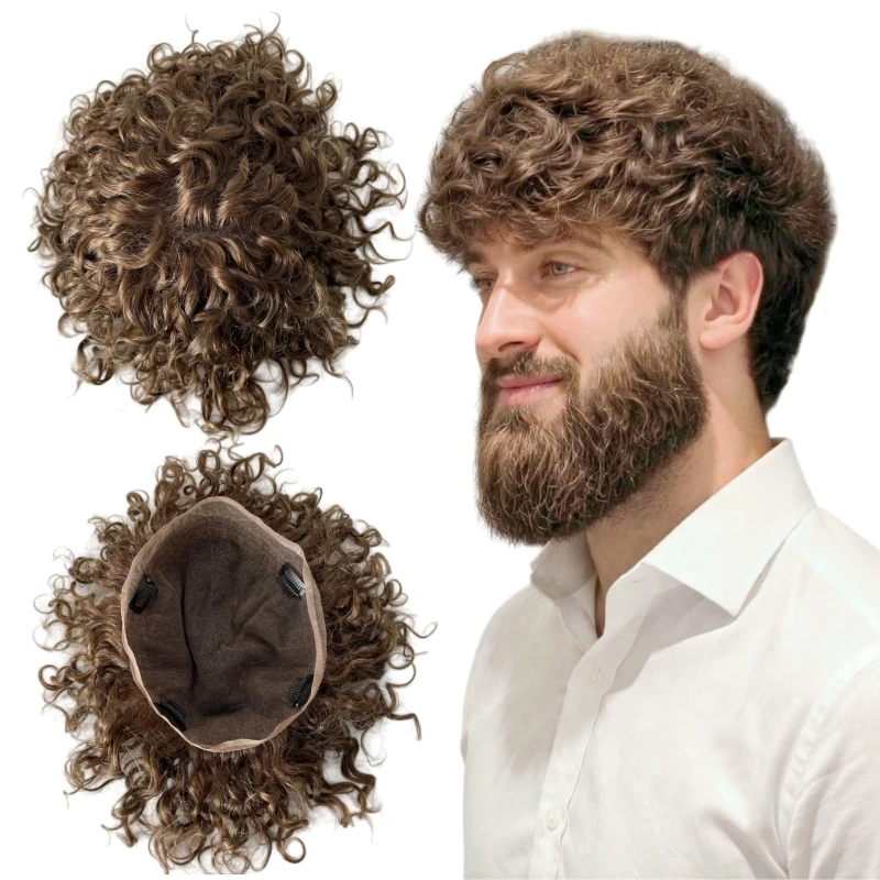 Indian Virgin Human Hair Replacement Color #7 Light Brown 8x10 Full Lace Toupee for Loss Men
