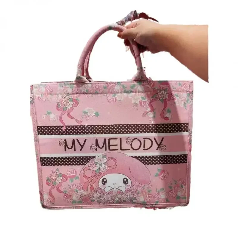 Ins حقيبة يد قماش سعة كبيرة Kuromi مستحضرات التجميل حمل حقيبة التسوق تخزين أكياس للمرأة أنيمي الشكل Kawaii