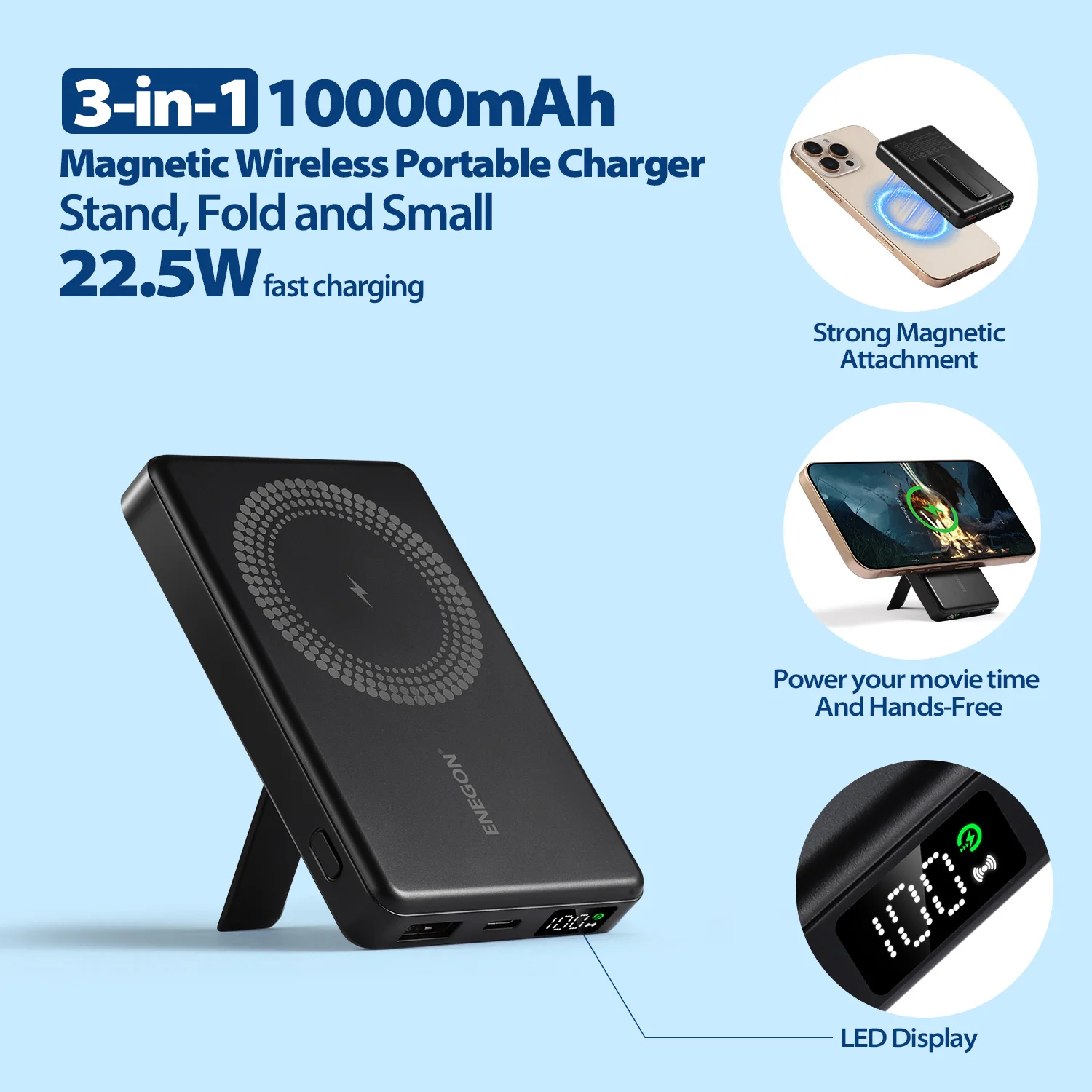 10000mAh Magnetische Kabellose Powerbank mit Ständer 22,5W Schnellladung LED-Anzeige Tragbares Ladegerät für iPhone 17/16 Samsung