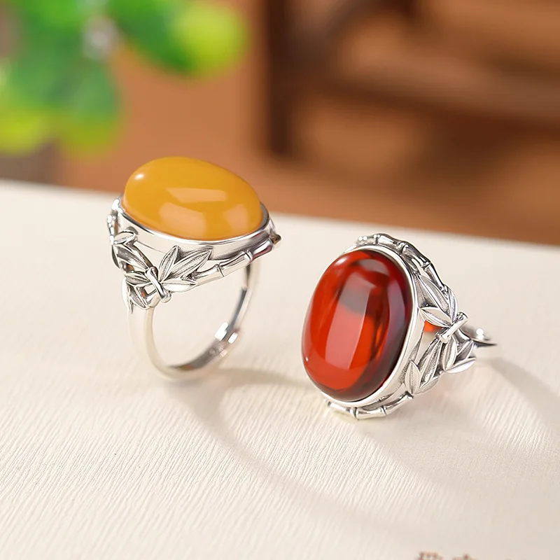 S925 Sterling Blood Amber Knot Leaf Cabochon Elegant National Style Silver Open Ring
