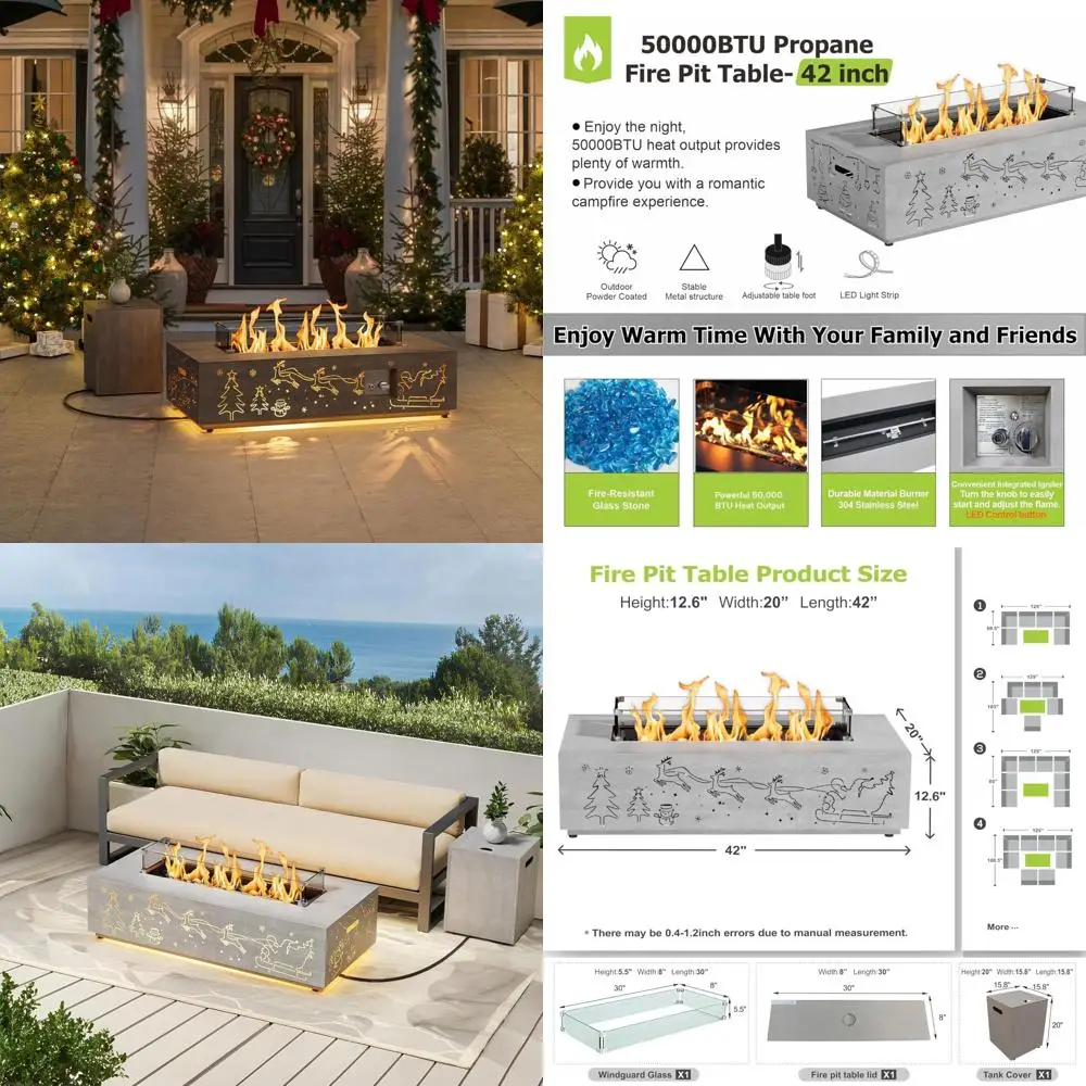 

Propane Fire Pit Table Christmas Cutout LED Lights 50,000 BTU Wind Guard Glass Lid Rocks Cover
