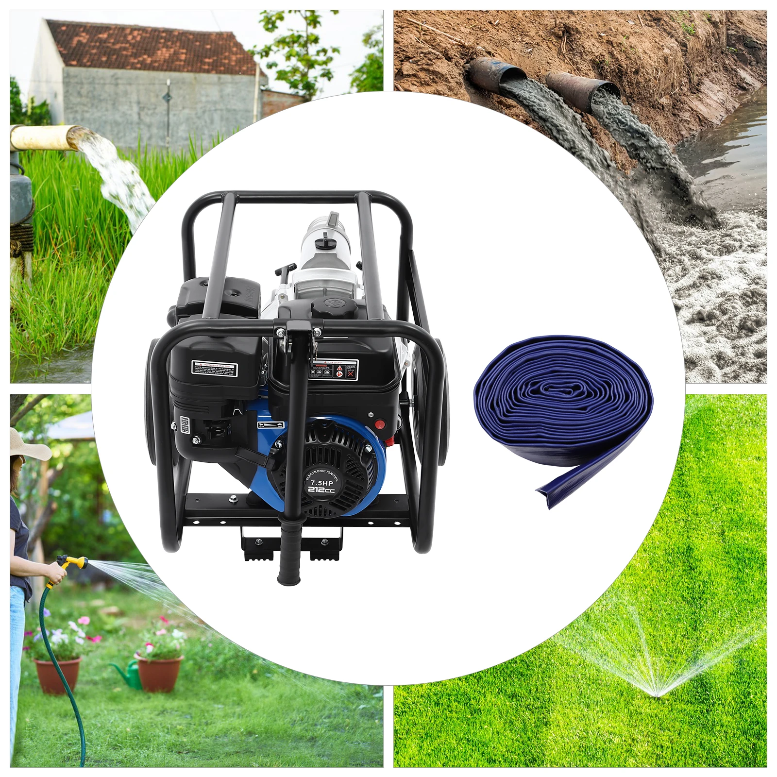 4-Stroke Water Pump 7.5HP, Portable Water Transfer Pump 264GPM, 85.3ft Lift with 49.21ft Hose & Wheels