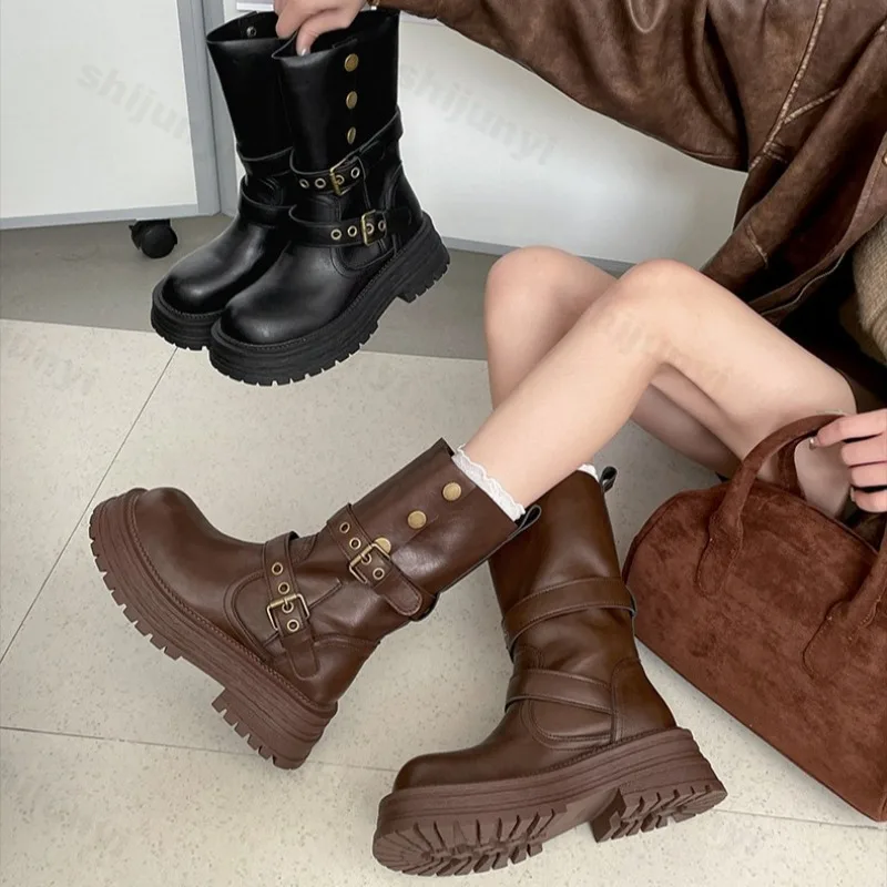 

Women's Boots 2025 Autumn Fashion Retro Comfortable Anti Slip Britain Outdoor Long Boots Chunky Platform PU Leather Botas Mujer