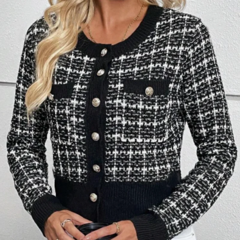 Stylish Women\'s Tweed Knit Cardigan Sweater Black and White Plaid Pattern Button Cardigan Appliqué Long Sleeve Knit Top7310#