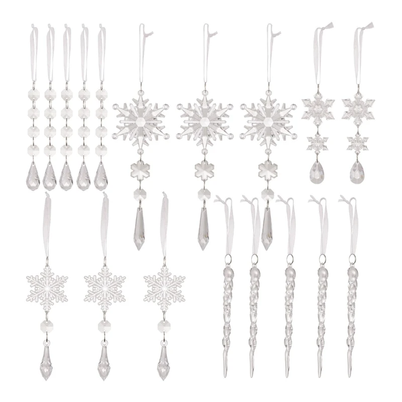 Set of 18 Acrylic Snowflake and Icicles Christmas Tree Hanging Decorations A0KF