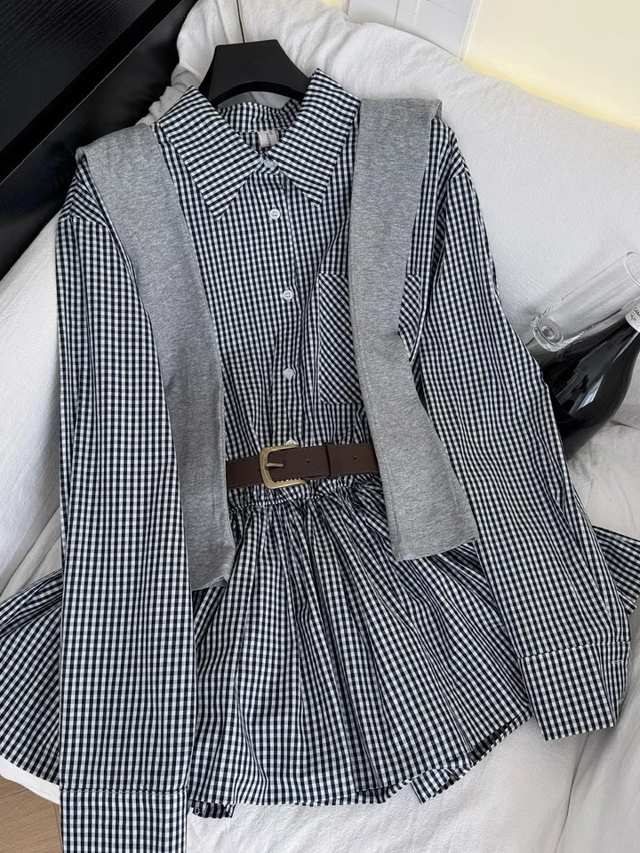 Mujer de principios de otoño Faion adelgazante largo Sve Plaid Puffy Dr tejido envolvente cintura ceñida Midi Dr