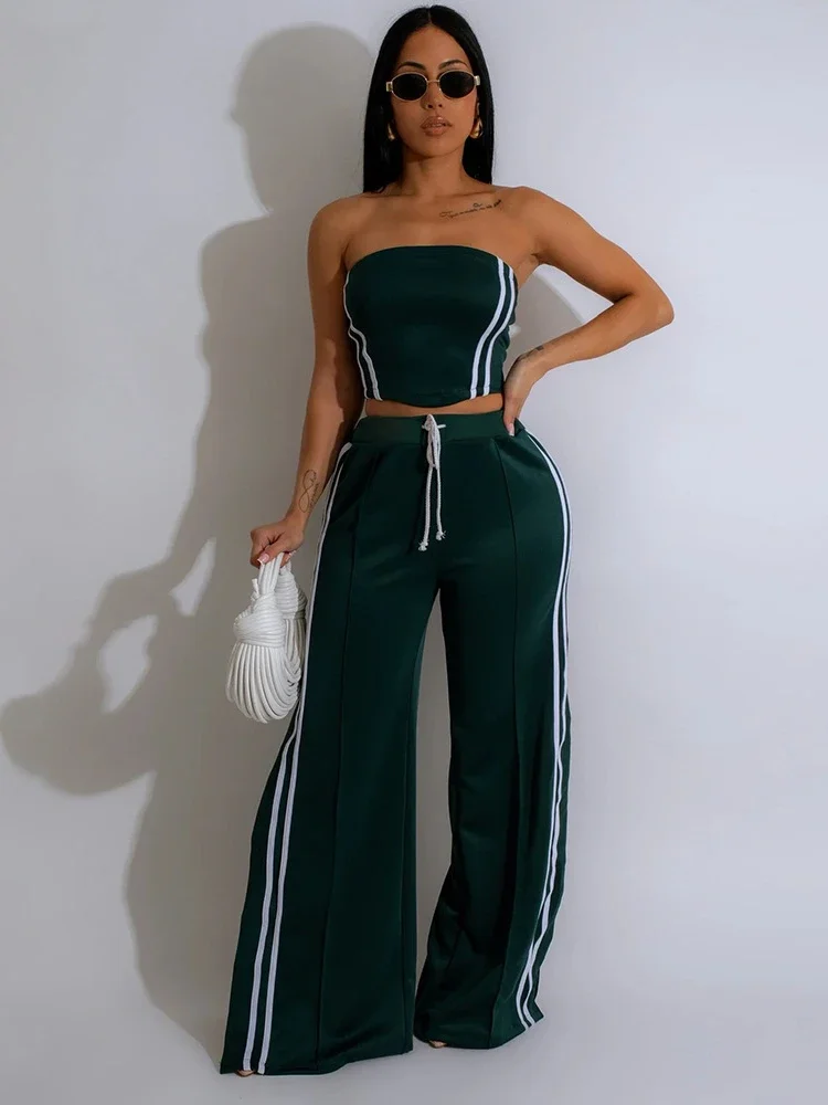 Laxsesu Fashion Women\'s Set Strapless Striped Ribbon Crop Top + Wide Leg Pants Suits Summer Streetwear Two 2 Piece Set Outfits