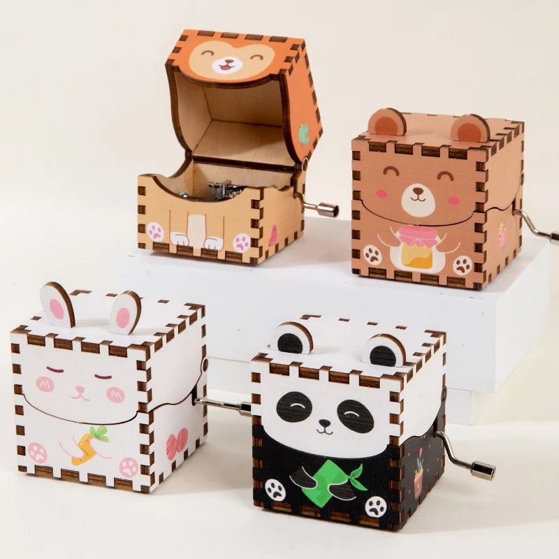 Wooden Montessori Cartoon Animal Music Box Hand Crank Color Print Music Box Early Educational Toys Children's Birthday Gifts