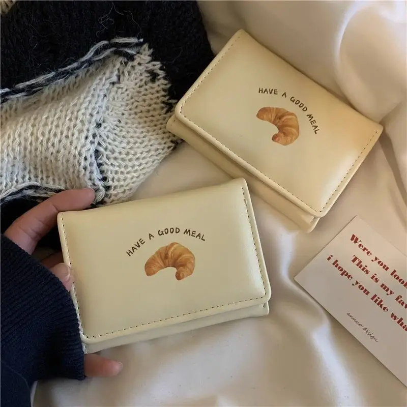 Korean Small Wallet Women Credit Wallet Cartoon Cute Bread PU Leather Hand Bags Three Fold Multi Cards Card Holder Student