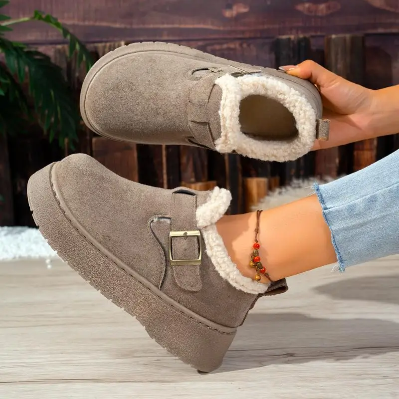 Warm Fleece Thick Bottom Suede Snow Boots Women Winter 2026 Casual Metal Buckle Lambswool Ankle Boots Women Plush Cotton Shoes