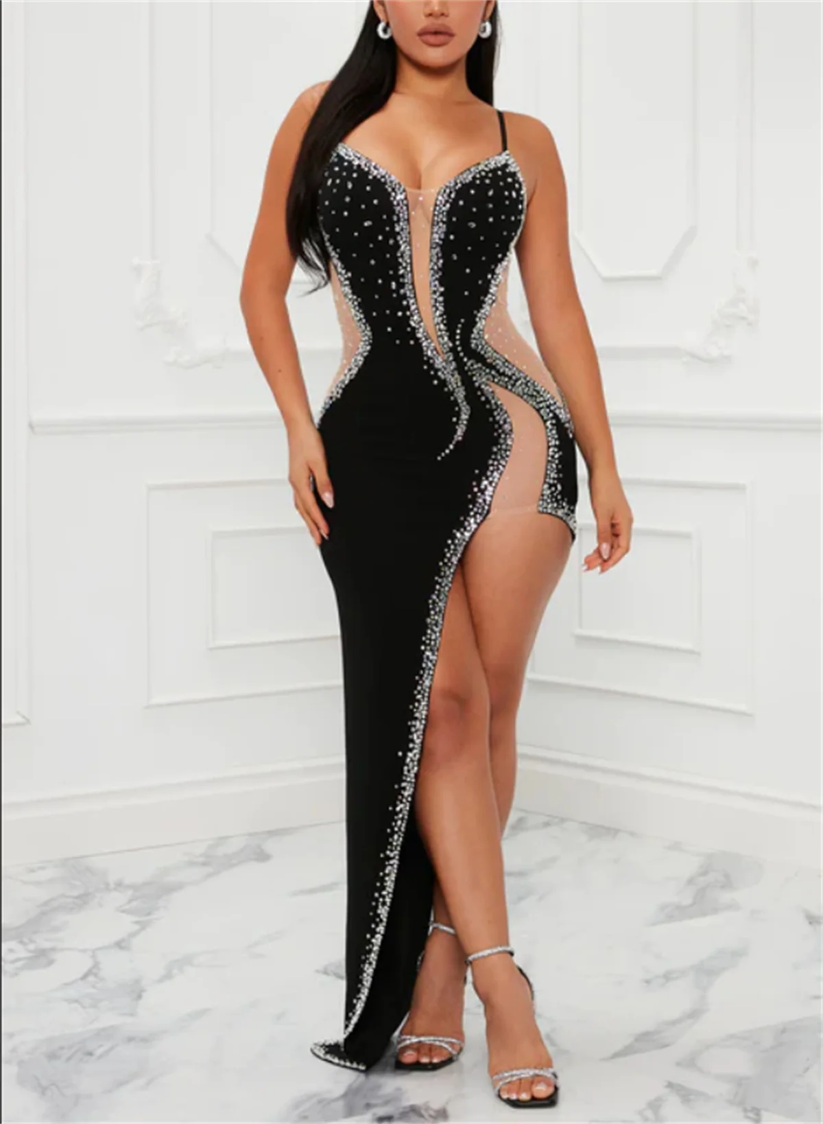 Luxury Black Slip Ball Dress Asymmetric Skirt Diamond Beaded Evening Dress Formal Party Sparkling Sequins Vestido De Novia 2024