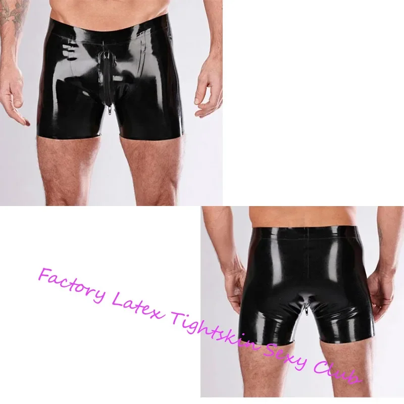 Latex Shorts Rubber Boxer Briefs with Front Crotch Zipper Panties Underwear Pants Party Club Wear Costume ( No Back Zip)