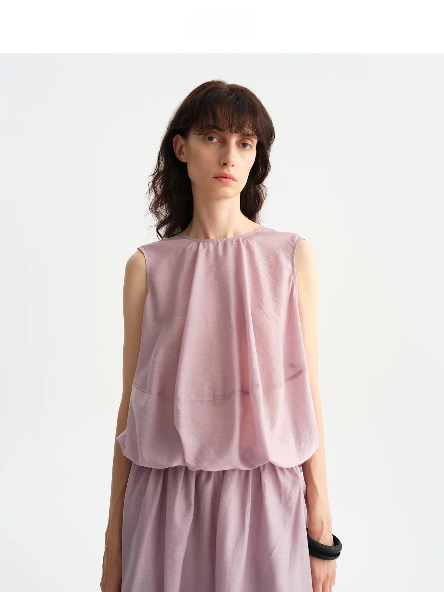 Shiny round Neck Drapey Balloon Sleeveless Flower Bud Vest Women's Slim Fit H-Shape Top Outerwear Thin Regular Length Summer